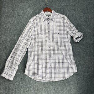 Express Shirt Mens Large Fitted Button Up Purple Stretch Plaid Roll Tab Sleeve